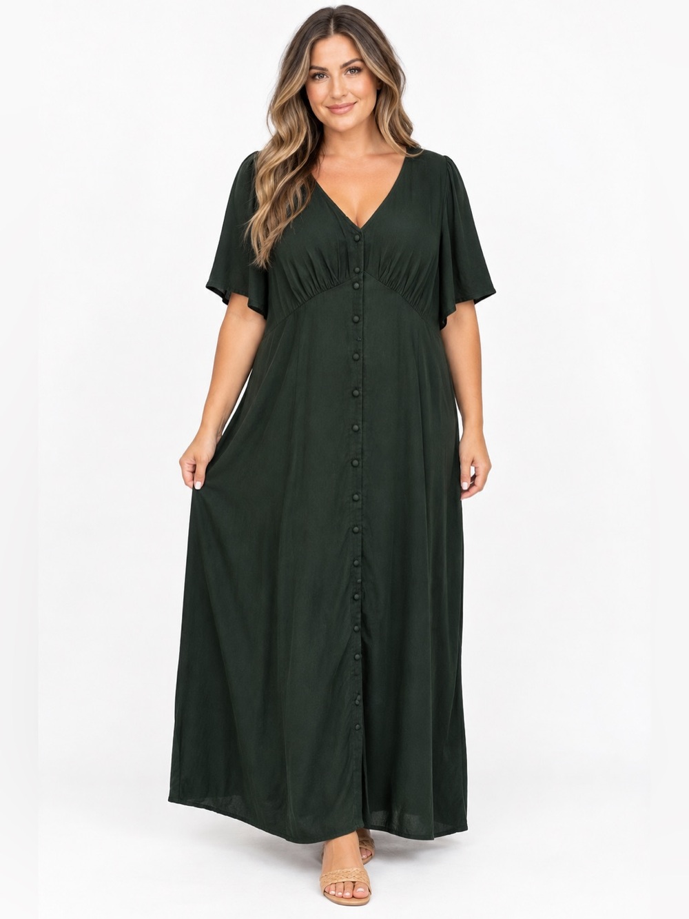 Old Navy XL Dark Green Button Front Maxi Dress Flutter Sleeve